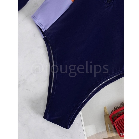 Colorblock Navy, Light Blue and Orange One Piece Swimsuit Zipper Long Sleeve - Picture 8 of 10